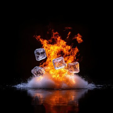 Conceptual photograph of ice cubes exploding into steam as fire engulfs them, dynamic motion freeze