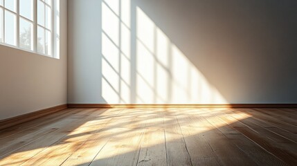 sunlight streams through window onto interior creating play of light and shadow across polished wooden floor and textured light wall space