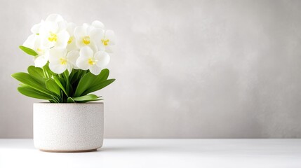 A white flower arrangement in a modern ceramic pot on a minimalist white surface, soft focus background, and elegant interior decor concept.