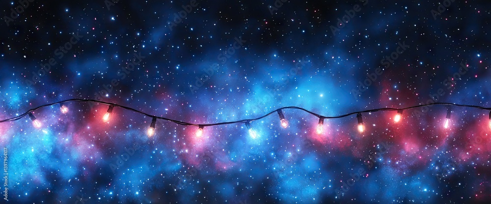Sticker glowing string lights hang against a nebula, filled with bright stars in a deep space backdrop