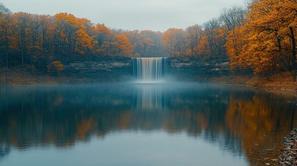 Naklejka premium Autumn Waterfall Reflection: A Serene Fall Scene