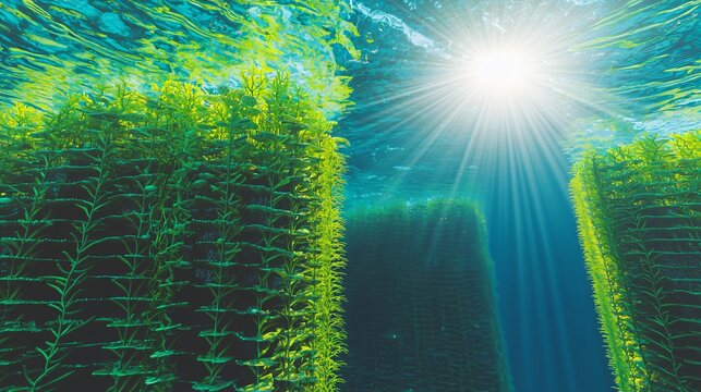 Sunlight shining through clear water onto dense green kelp forests.