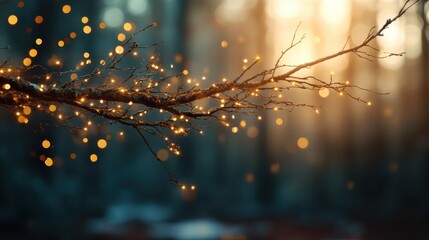 A breathtaking view of a branch lit with glistening lights against the backdrop of a warm sunset, evoking feelings of warmth, nostalgia, and the beauty of fleeting moments.