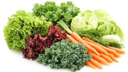Fresh and vibrant display of colorful vegetables on a white background.
