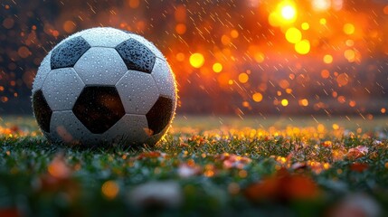 Soccer ball on wet grass during a rain shower