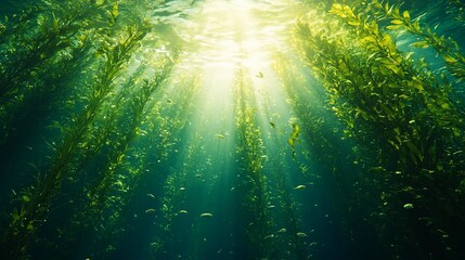 Obraz premium Sunbeams Illuminate Underwater Kelp Forest (1)