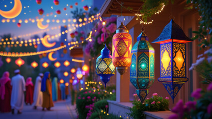 Fototapeta premium Festive Ramadan Lanterns and Crescent Lights Adorning a Vibrant Street Scene