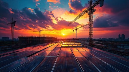 Construction Site Sunset Solar Panels Reflecting Vibrant Colors