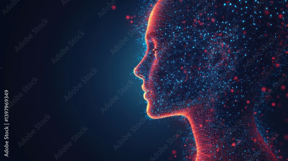 Poster artificial intelligence representation with connected nodes forming a human face in profile view ill