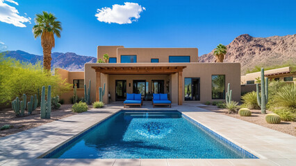 A modern desert home with a sparkling pool and shaded patio, surrounded by cacti and palm trees, sits against a backdrop of rugged mountains under a bright blue sky.