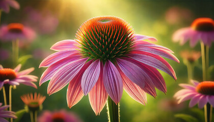 Obraz premium A serene close-up of an Echinacea purpurea flower, showcasing its bright pink-purple petals radiating from a spiky, orange cone center