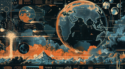 Digital infographic displaying Earth with technical interface overlay in blue and orange color scheme. Data visualization combines geographical information, planetary statistics and analytical metrics