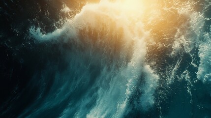 Fototapeta premium Sunlit Ocean Wave Crashing, Dark Water Background