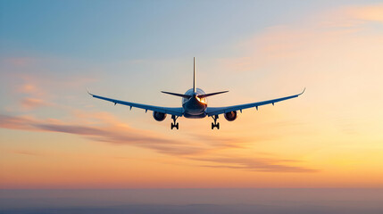 Naklejka premium Airplane Landing At Sunset