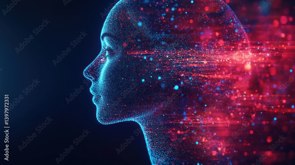 Poster digital silhouette representation symbolizing ai integration of human thought with network of connec