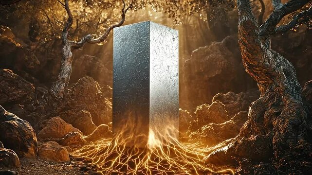 Glowing roots encase a metallic monolith in a dark forest