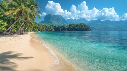 Naklejka premium Idyllic Tropical Beach Scene with Palm Trees Golden Sand and Turquoise Waters