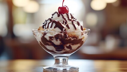 Ice cream sundae with whipped cream chocolate sauce and cherry on top.