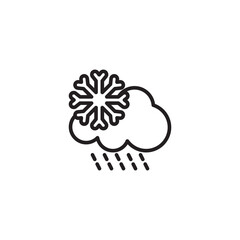 A simple black line drawing depicts a cloud with a large, detailed snowflake partially overlapping it. Below the cloud, several short, slanted lines indicate falling snow or sleet. Represents snowy we
