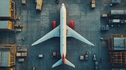 White Passenger Airplane on Airport Tarmac Aerial View