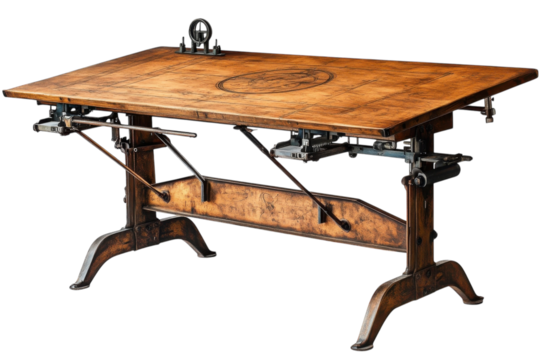 A meticulously crafted adjustable drafting table, showcasing rich wood grain and intricate industrial design elements, perfect for a vintage-inspired workspace.