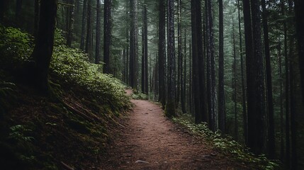 Naklejka premium A narrow path leads hikers through a quiet, dense forest surrounded by towering trees and rich greenery.