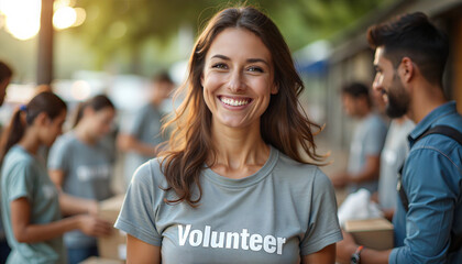 Smiling volunteer supporting community service outdoors