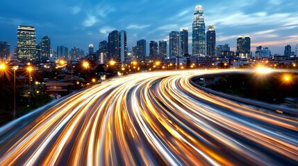 Obraz premium Nighttime highway through a vibrant metropolis