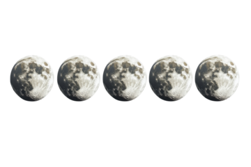 Five lunar phases in a celestial sequence showcasing the moon's subtle transformations against a clean white backdrop.