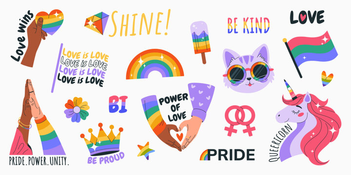 Happy Pride Month. LGBTIA stickers set. Isolated badges with signs, symbols, phrases, inclusive pride flags, hands, unicorn, rainbow, cat, crown. Isolated elements on white background. Vector clip art