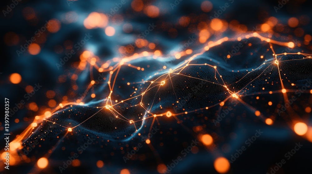 Poster interconnected glowing network representing data flow and communication in a digital world with a fu