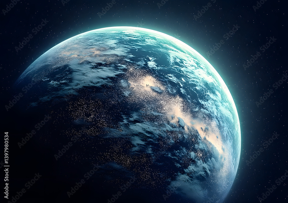 Wall mural blue earth in space and galaxy. globe with outer glow ozone and white cloud. space planet and atmosp