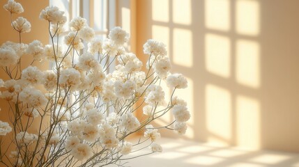 White Gypsophila Bouquet Illuminated by Sunlight in a Neutral Interior Setting
