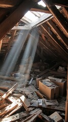 Devastated Attic with Collapsed Wooden Beams and Sunlight Streaming Through Roof Gap, Buried Under Dusty Treasures
