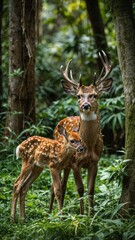 A beautiful view of a deer and her fawns in the forest