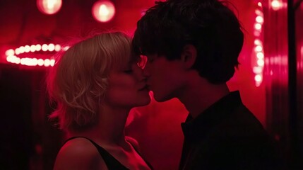 Red-lit couple kissing, club, romance, nightlife