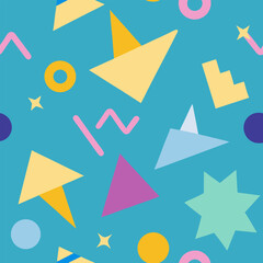 Cartoon kid seamless pattern. Abstract background style with various shapes circle, triangle, wavy lines, zigzag shapes.