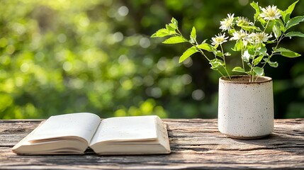 Open book and white flowers on wooden table