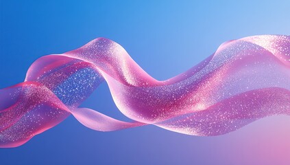 Pink ribbon material, flowing in the air, glowing particles