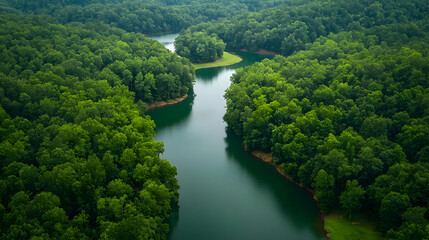 Aerial View Of Winding River Through Lush Green Forest