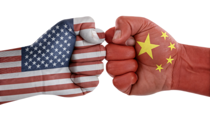 USA vs China Fist Bump with Flags Isolated on White | Tariff, trade, duty, import, export, customs, tax,