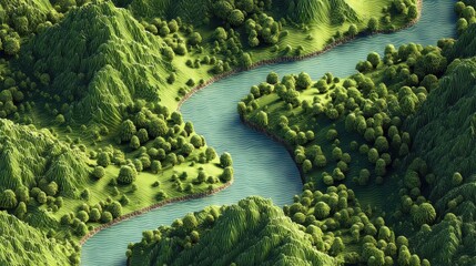 Serene river winding through lush hills
