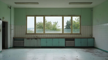 Fototapeta premium Empty Abandoned Kitchen With Pale Green Cabinets And Windows