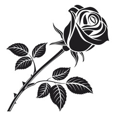 Black and White Rose Vector Art - Flower Drawing Stem Leaves Thorns - Botanical Design