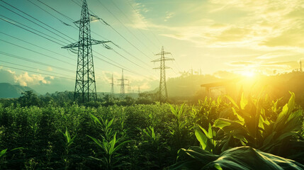 Sunset over agricultural field with power lines.