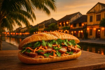 Vietnamese banh mi sandwich with pork and vegetables at sunset