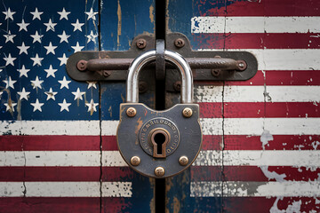 Locked gate with padlock in USA flag colors. Generative AI