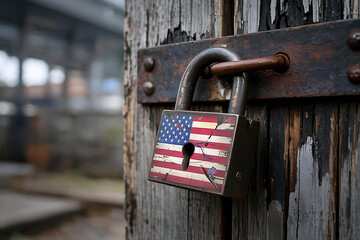 Locked gate with padlock in USA flag colors. Generative AI