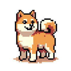 A pixel art Shiba Inu stands on a light background.
