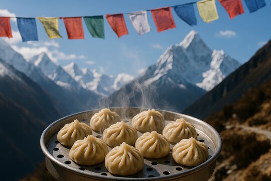 Steamed momos on tray in mountains under prayer flags